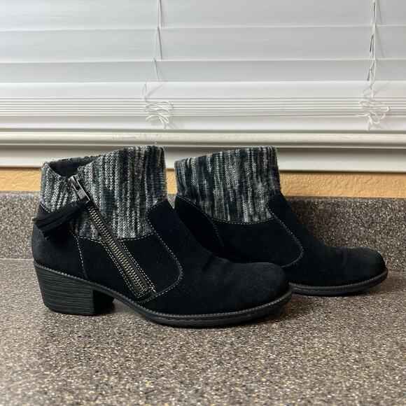 Born b.o.c Womens 7.5M Black Suede Ankle Boots Knit Sweater Cuff Accent Zip Heel - Picture 3 of 11